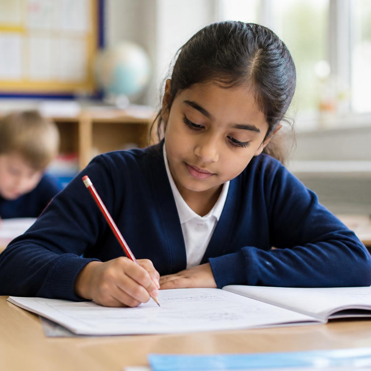 Primary school pupil working on a maths workbook